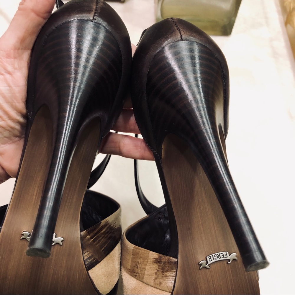Fergie heeled sandals, brown & tan leather, Sz 8.5 - Picture 8 of 9